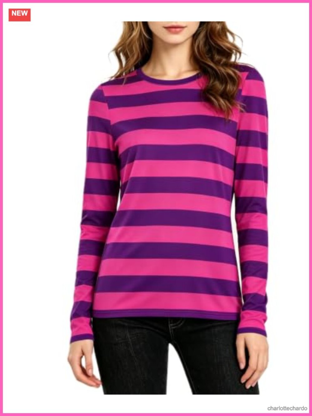 Women's Striped Long Sleeve Crew Neck T-Shirt Cosplay Top Stretch